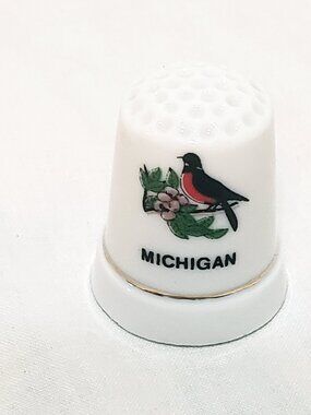 Michigan State Robin Bird Apple Blossom Thimble Souvenir Porcelain Vintage 1"